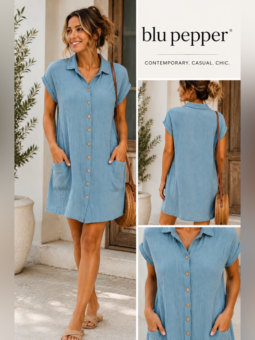 🦋 Blu Pepper Light Blue Textured Button Front Shirt Dress - Pockets - Boutique